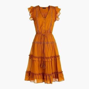 Flutter-sleeve Pom-pom midi dress in cotton voile